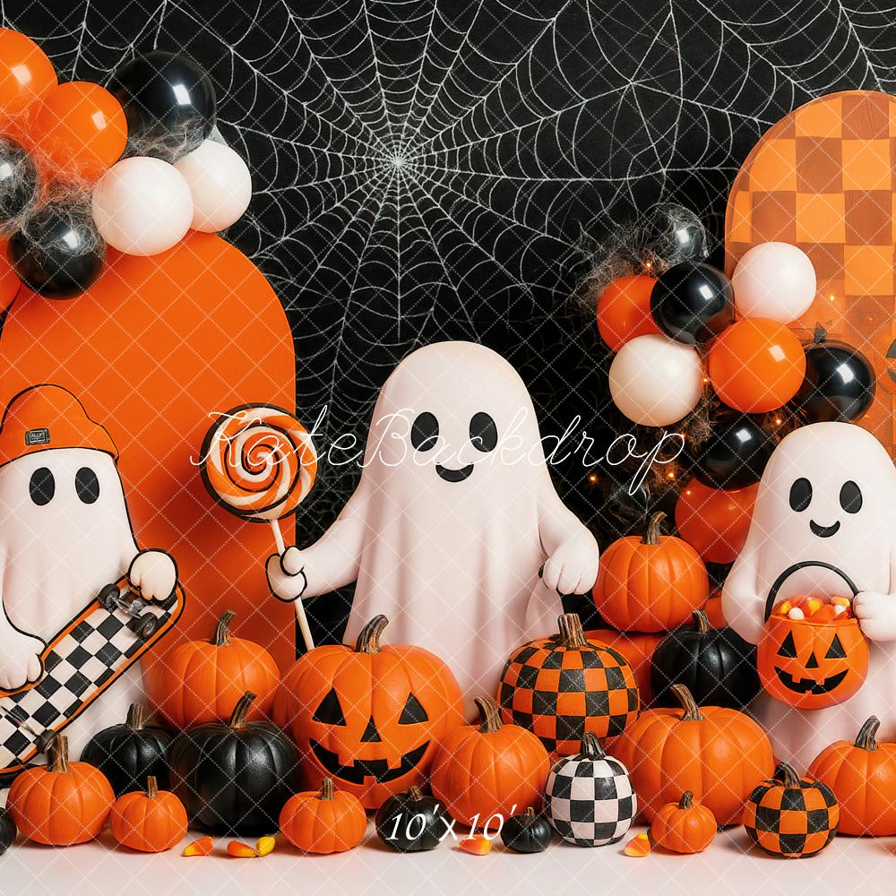 Kate Halloween Ghosts Pumpkins Balloons Spiderweb Backdrop Designed by Ashley Paul