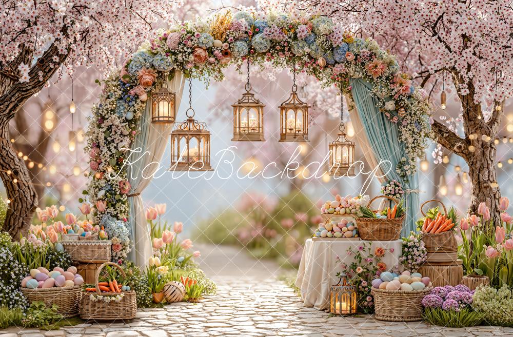 Kate Easter Spring Flower Arch Pastel Eggs Lanterns Garden Pink Backdrop Designed by Emetselch