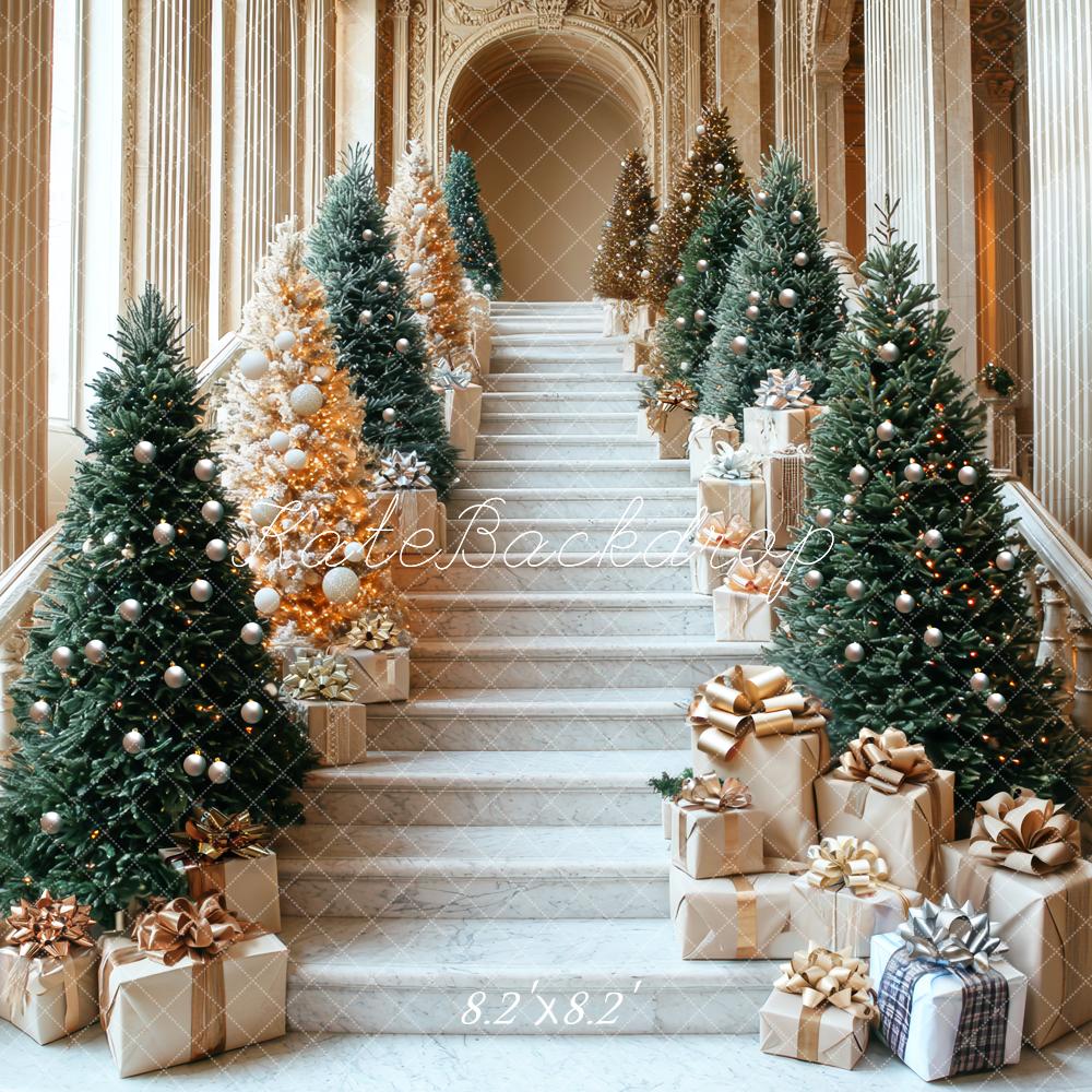 Kate Christmas Cascading Stairs Trees Gifts Architecture Printed Backdrop Designed by Mini MakeBelieve