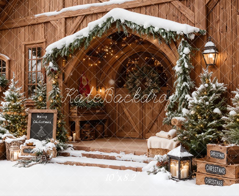 Kate Christmas Snowy Wooden Porch Pine Trees Backdrop Designed by Emetselch