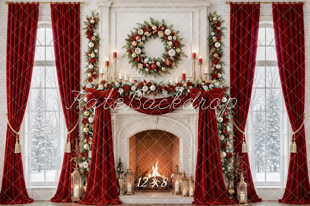 Kate Christmas Red Curtains Fireplace Wreath Garland Printed Backdrop Designed by Emetselch