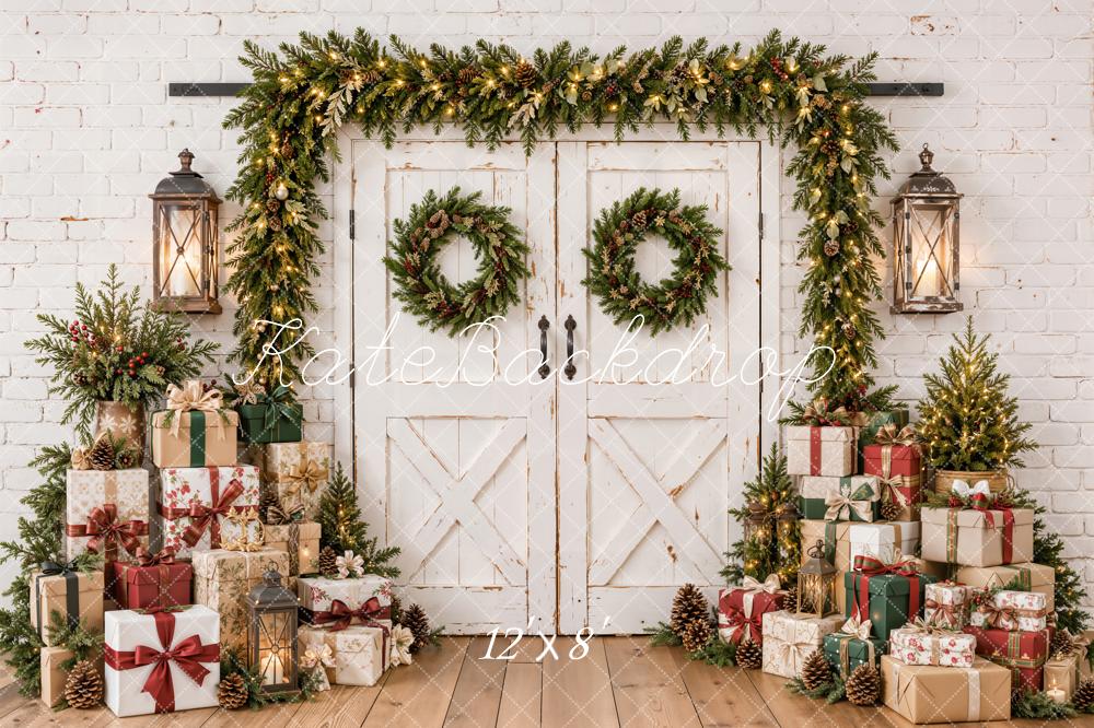 Kate Christmas White Rustic Barn Door Garland Gift Boxes Printed Backdrop Designed by Emetselch