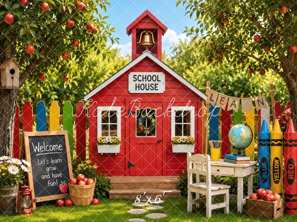 Kate Back to School Red Schoolhouse Apple Trees Crayons Desk Printed Backdrop Designed by Emetselch