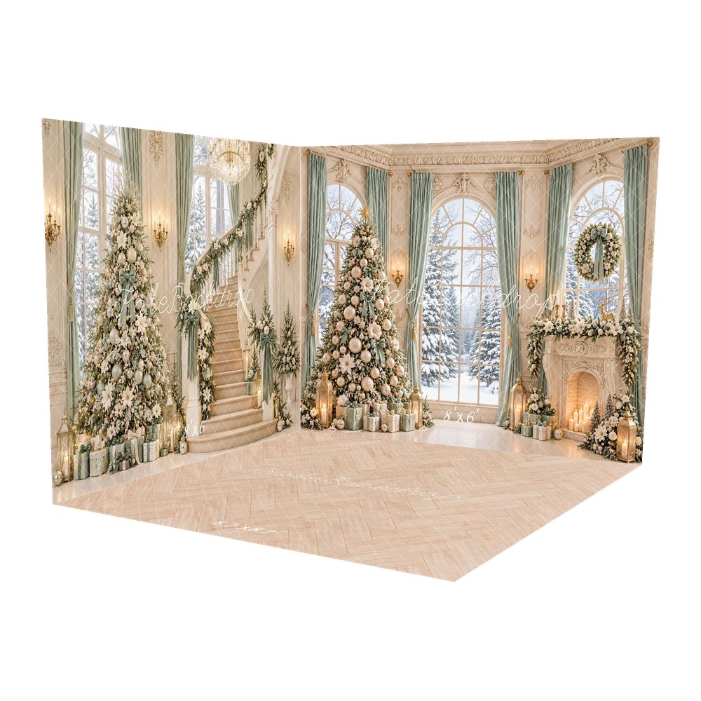 Kate Christmas Tree Fireplace Wreath Snowy Window Printed Backdrop Room Set