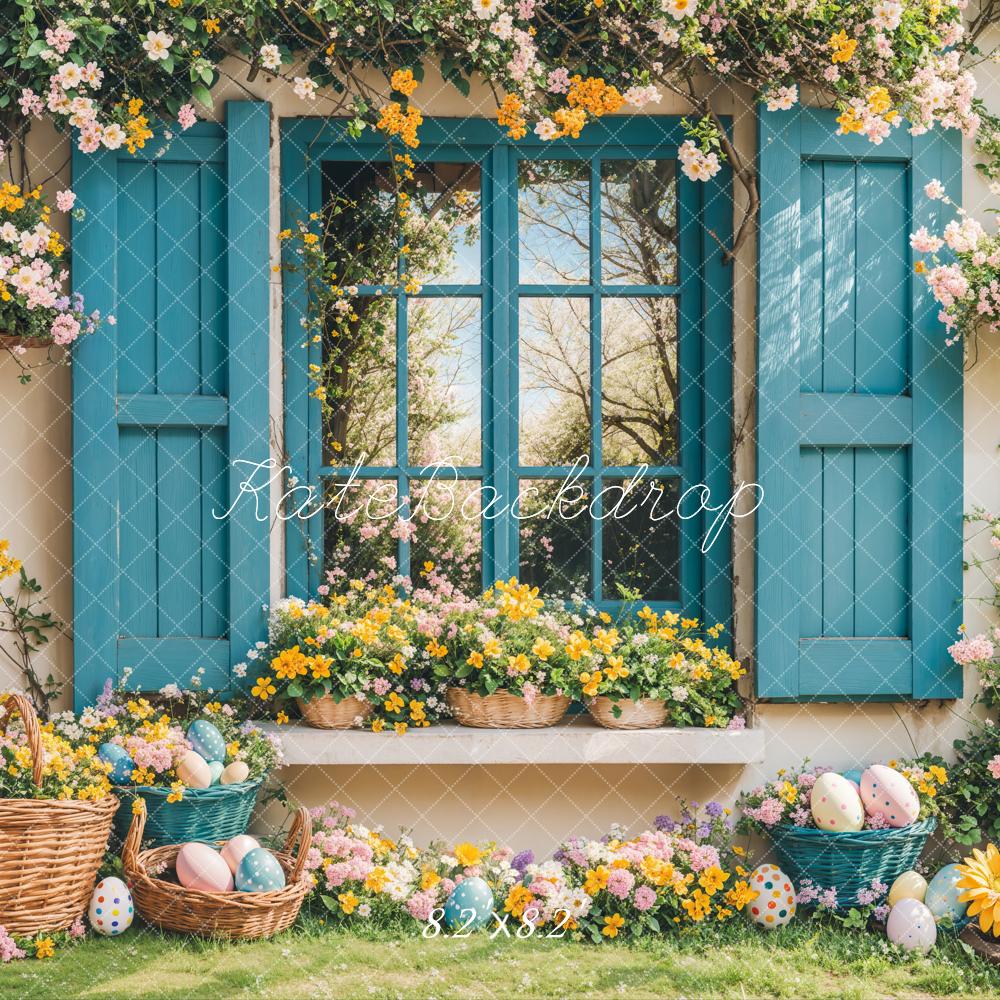 Fondo de ventana azul floral de conejo de Pascua diseñado por Emetselch