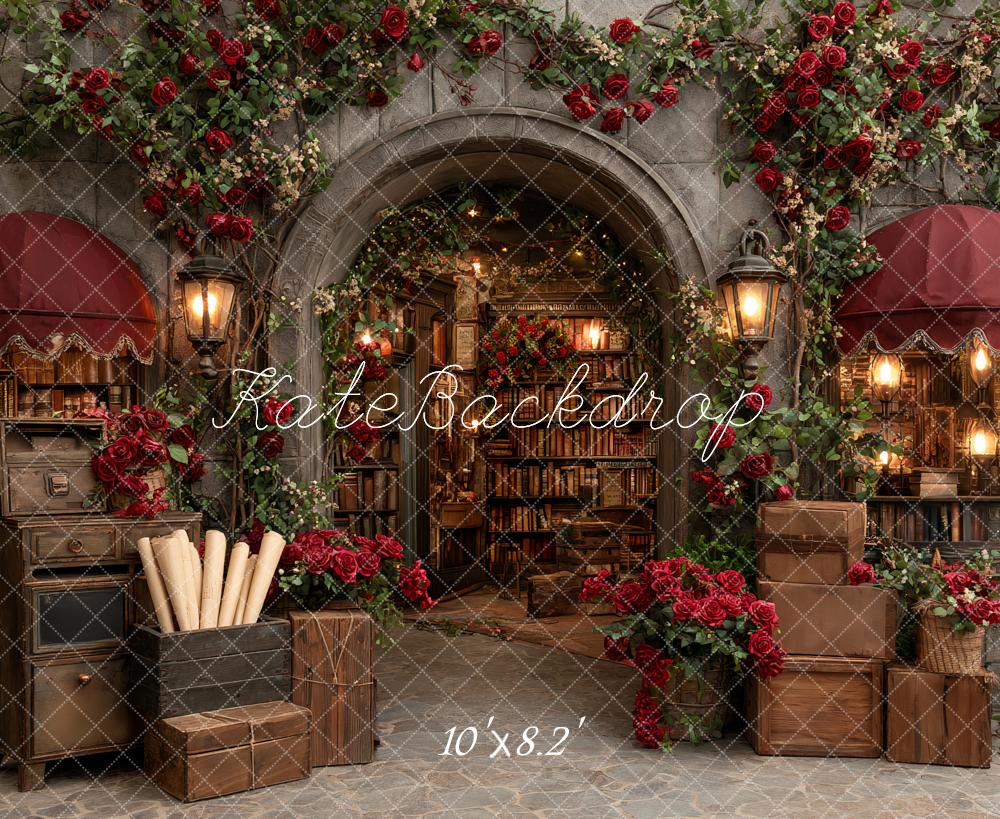 Kate Valentine's Day Vintage Library Archway Red Roses Bookshelves Lanterns Backdrop Designed by Ashley Paul
