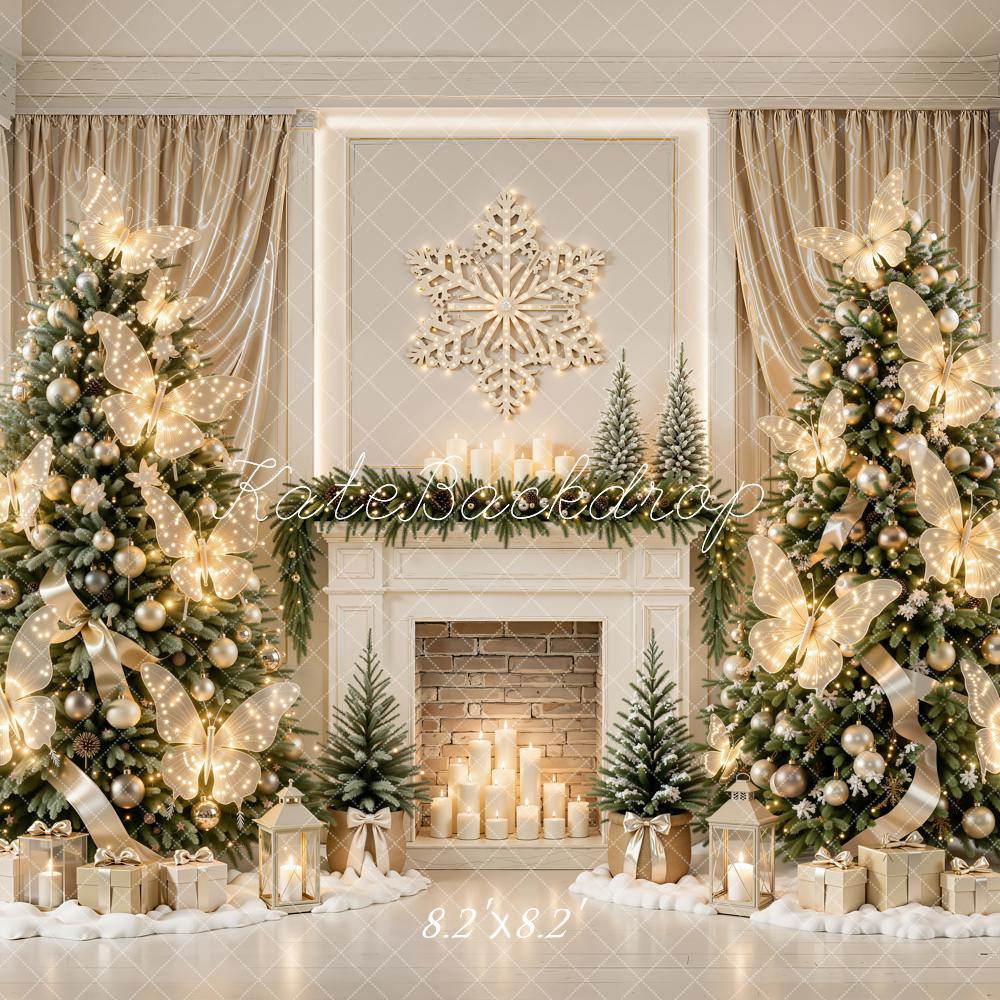 Kate Christmas Trees Butterfly Lights Fireplace Snowflake Printed Backdrop Designed by Emetselch