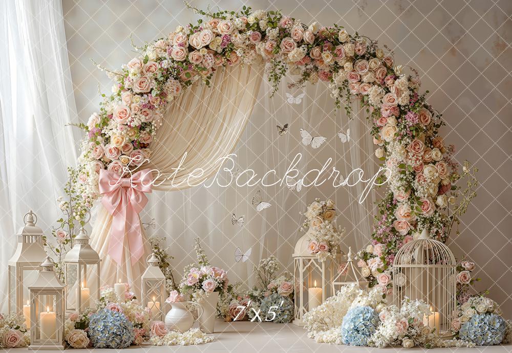 Kate Spring Flower Arch Butterflies Lanterns Birdcage Drapes Printed Backdrop Designed by Emetselch
