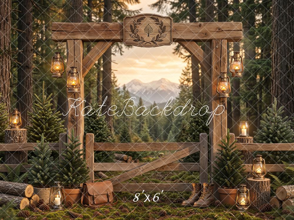 Kate Hiking Forest Wooden Arch Pine Trees Lanterns Printed Backdrop Designed by Emetselch