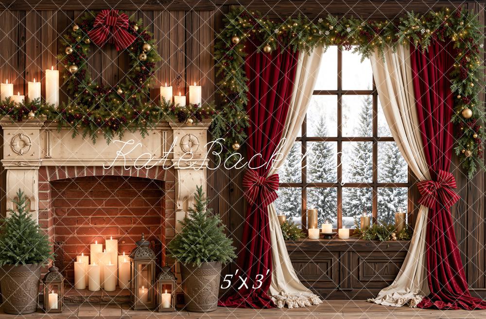 Kate Christmas Fireplace Candles Window Garland Red Curtains Printed Backdrop Designed by Emetselch