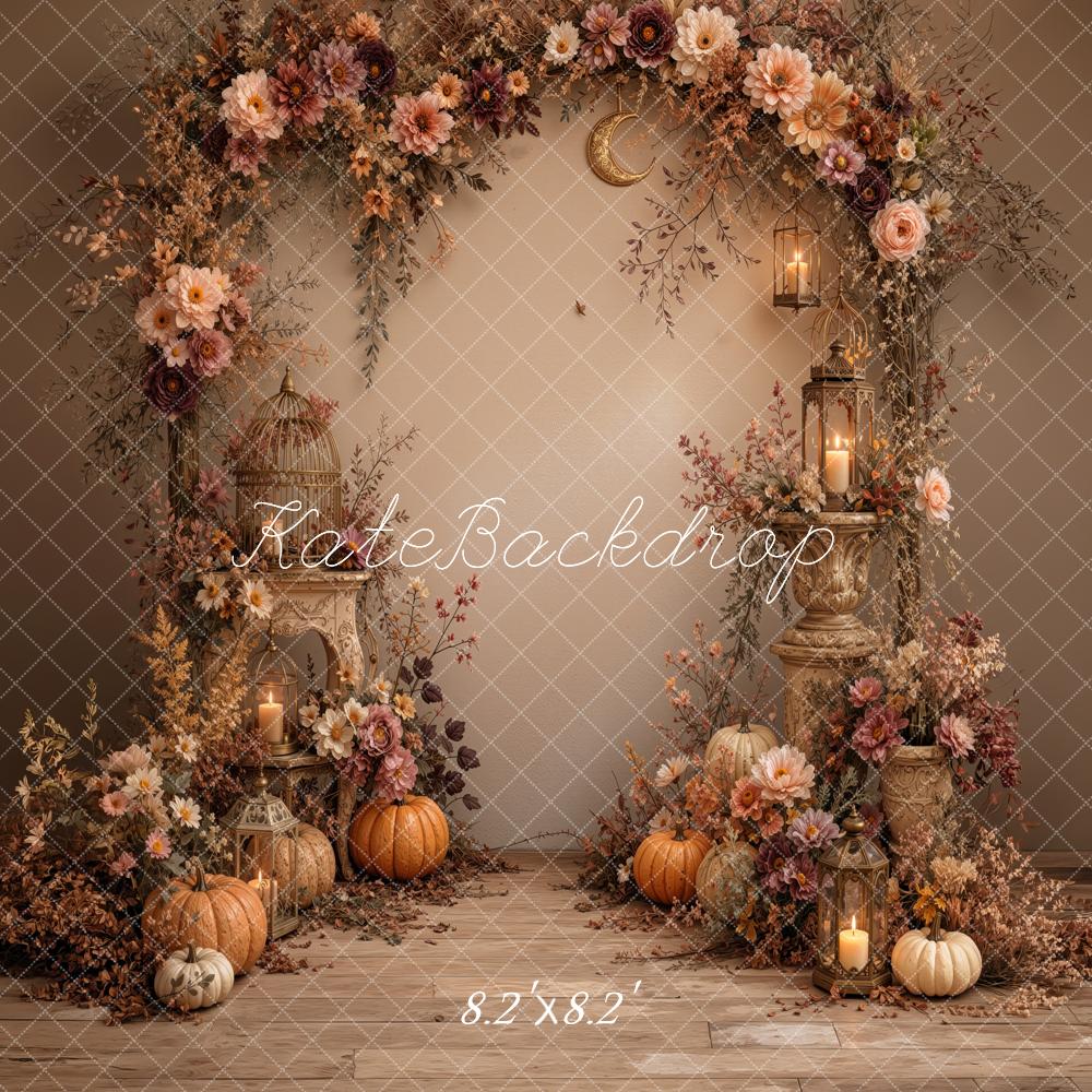 Kate Fall Floral Arch Pumpkins Lanterns Birdcage Printed Backdrop Designed by Jordan Moon