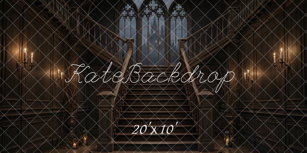 Kate Halloween Cascading Stairs Gothic Windows Candlelight Printed Backdrop Designed by Emetselch