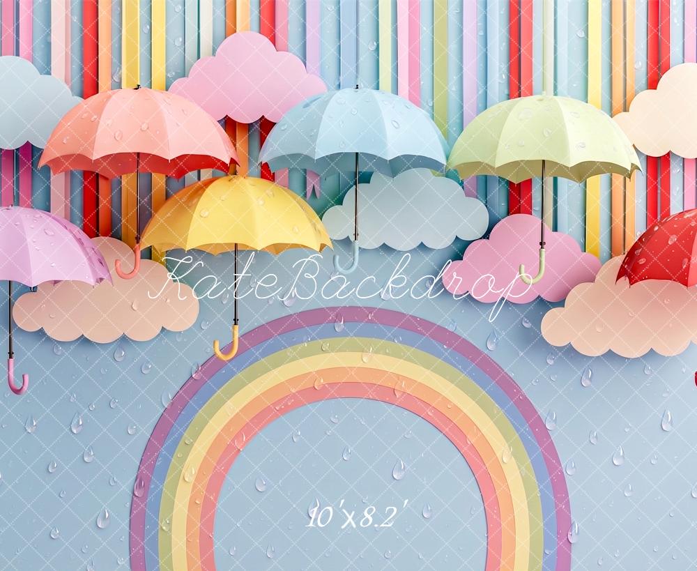 Kate Rainbow Umbrellas Clouds Raindrops Light Blue Printed Backdrop Designed by Angela Miller