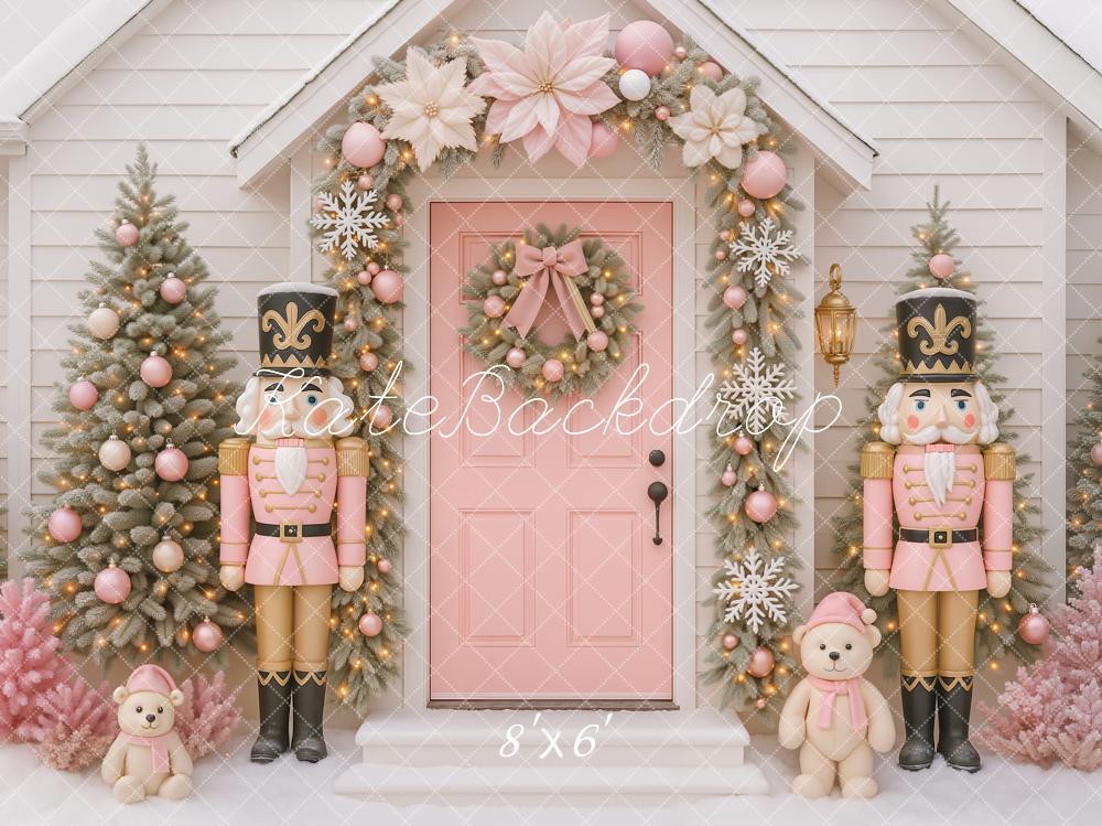Kate Christmas Nutcracker Pink Door Wreath Trees Teddy Bear Backdrop Designed by Ashley Paul