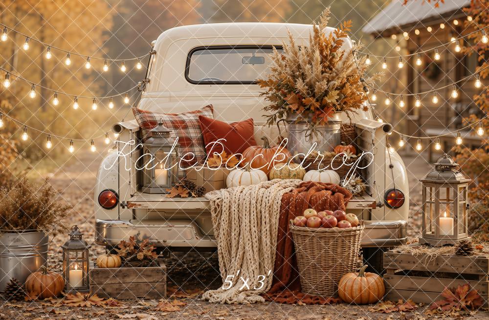 Kate Fall Vintage Truck Pumpkin Cozy Floral String Lights Printed Backdrop Designed by Emetselch