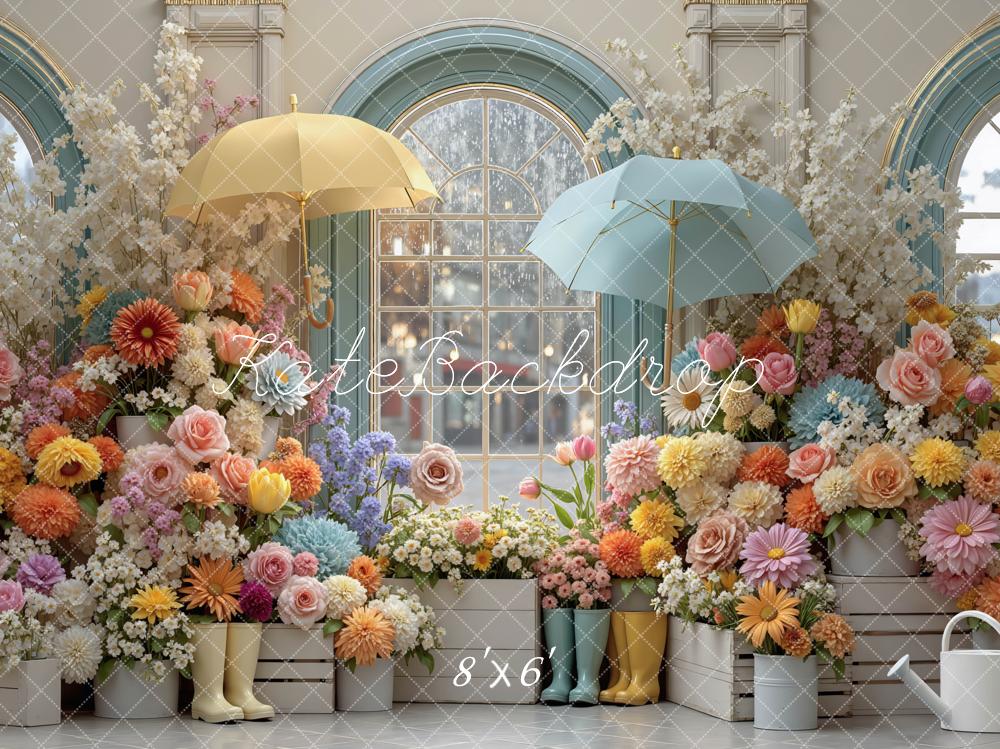 Kate Spring Flower Garden Umbrella Window Boots Printed Backdrop Designed by Mini MakeBelieve