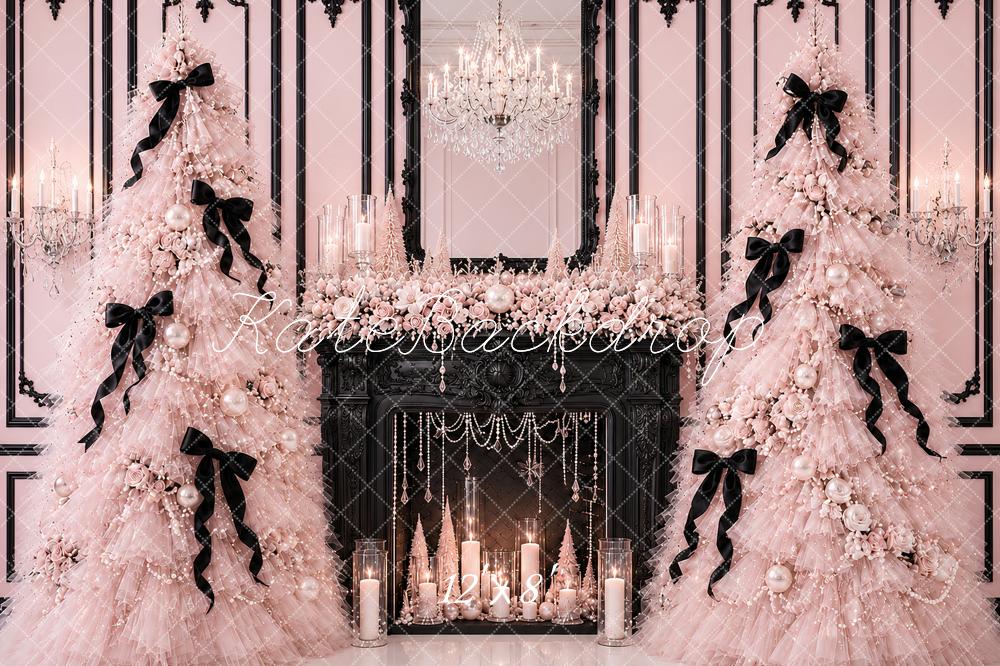 Kate Pink Fluffy Tulle Christmas Trees Black Fireplace Chandelier Printed Backdrop Designed by Ashley Paul