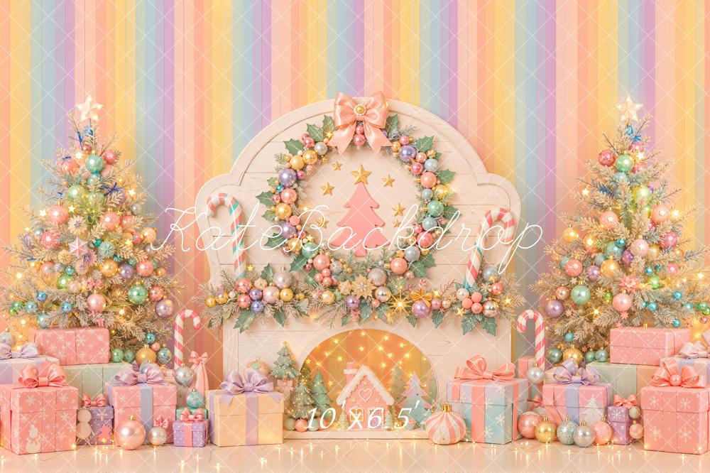Kate Christmas Pastel Fireplace Christmas Tree Gifts Bow Printed Backdrop Designed by Emetselch