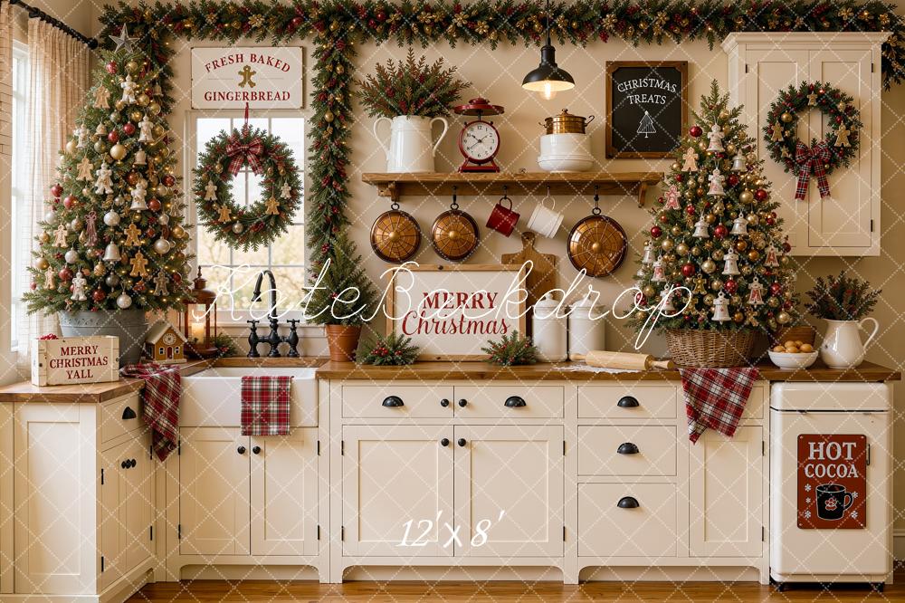 Kate Christmas Tree White Kitchen Cabinet Pan Baking Plaid Printed Backdrop Designed by Shutter Swan Studios