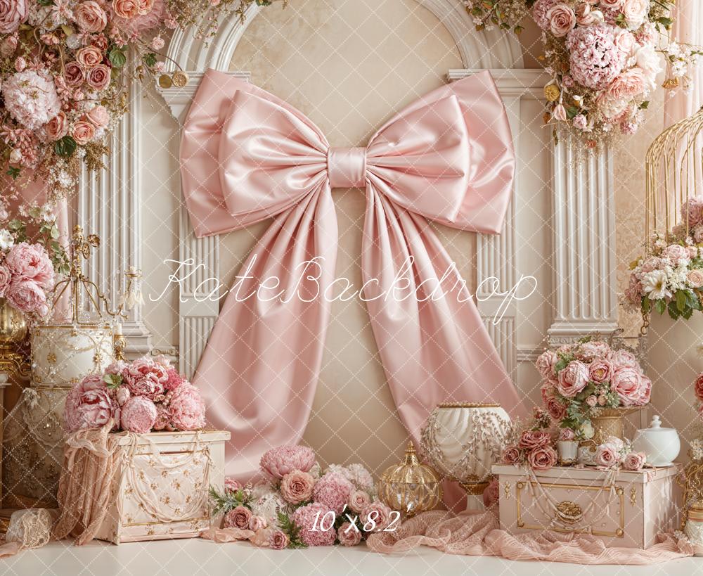 Kate Pink Bow Floral Arch Birdcage Printed Backdrop Designed by Emetselch