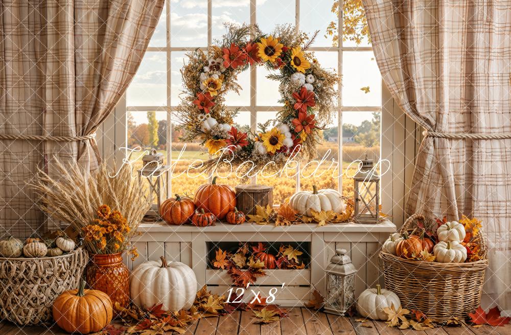 TEST Kate Fall Pumpkin Wreath Window Sunflowers Printed Backdrop Designed by Emetselch