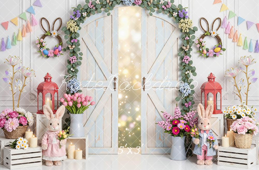 Kate Easter Bunny Flower Arch Pastel Barn Door Printed Backdrop Designed by Mini MakeBelieve