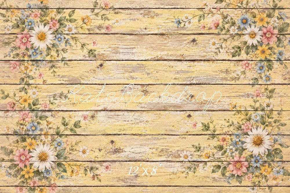 Kate Yellow Vintage Floral Wood Plank Floor Printed Backdrop Designed by Laura Bybee