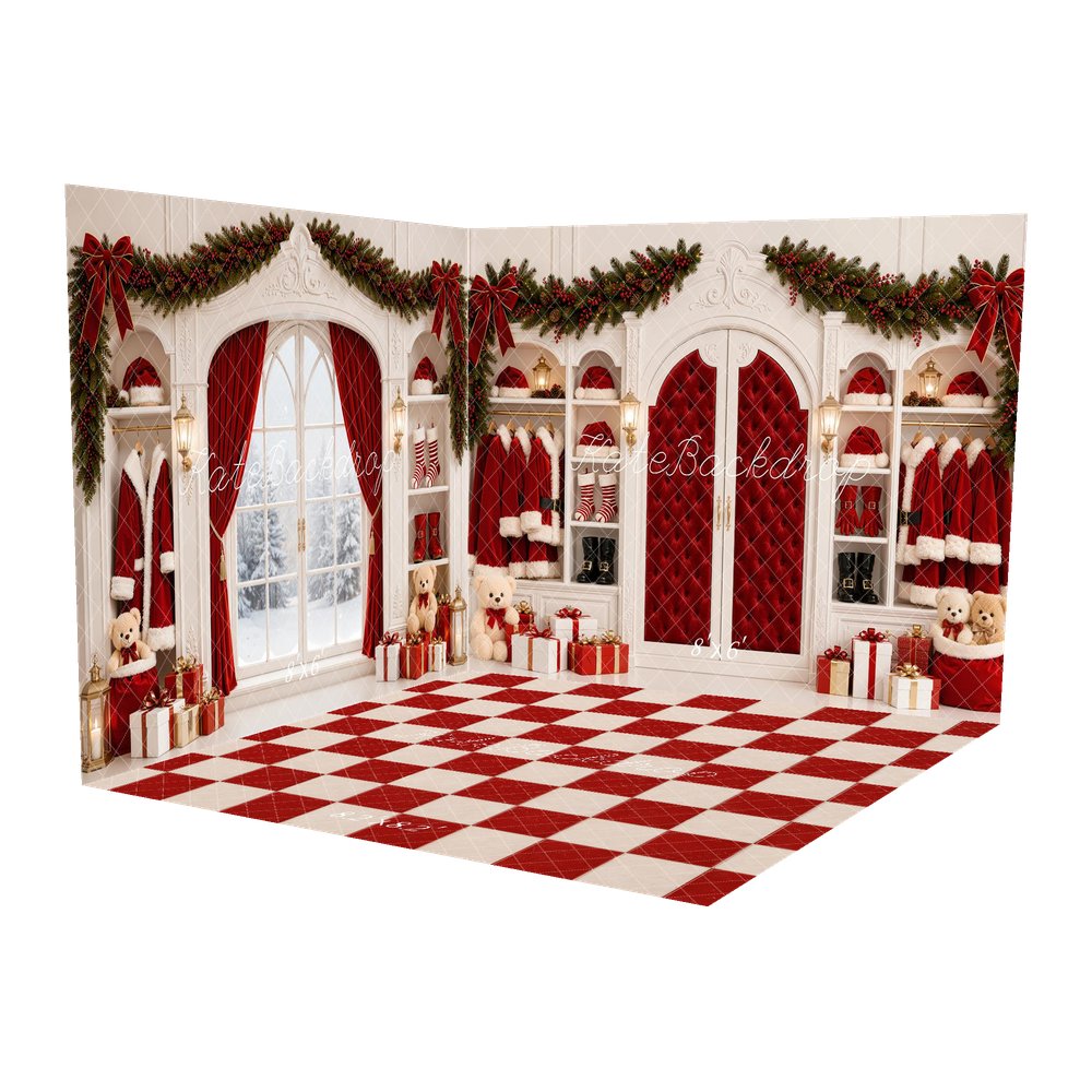 Kate Christmas Red Santa Closet Garland Gifts Window Printed Backdrop Room Set