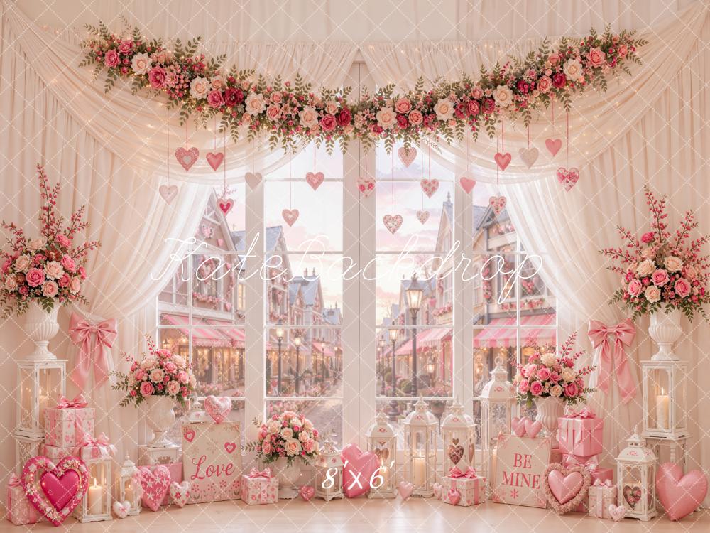 Kate Valentine's Day Floral Window Hanging Hearts Street View Printed Backdrop Designed by Emetselch