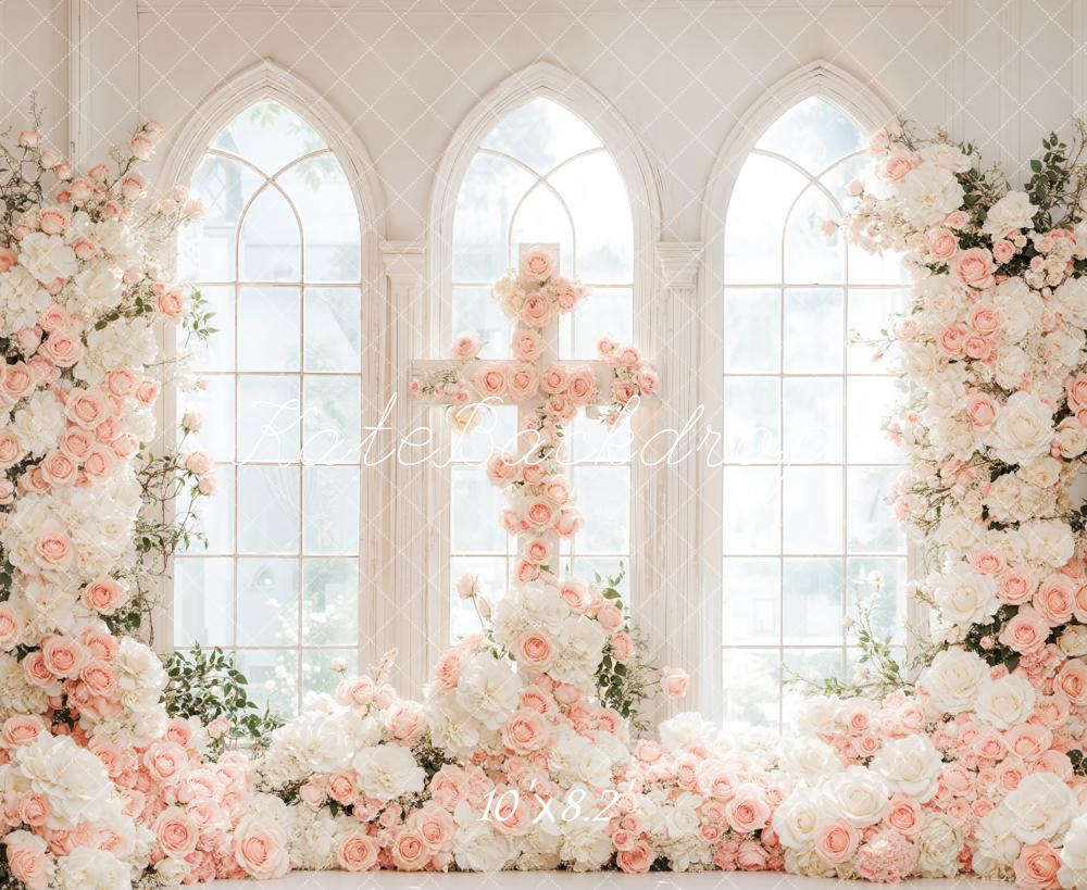 Romantische Bloemen Trouwen Cross Arched Window Foto Achtergrond Designed by Emetselch