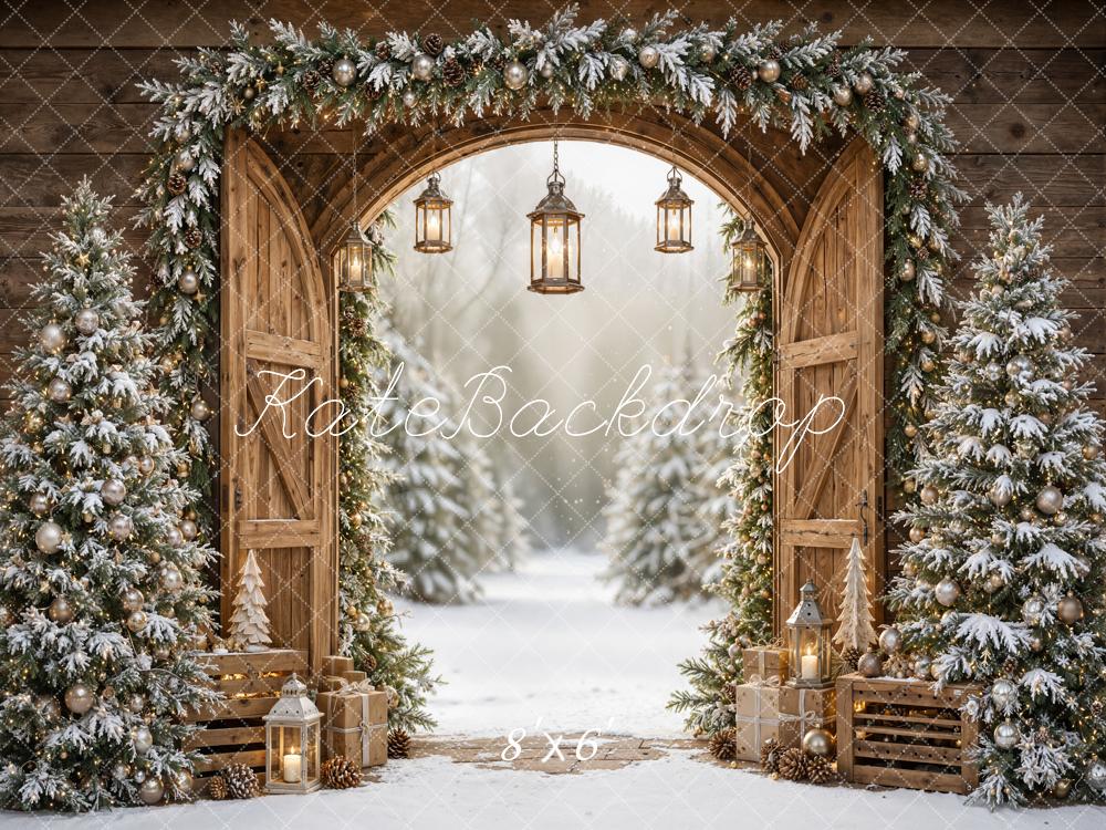 Kate Christmas Rustic Barn Door Snowy Pine Trees Printed Backdrop Designed by Emetselch