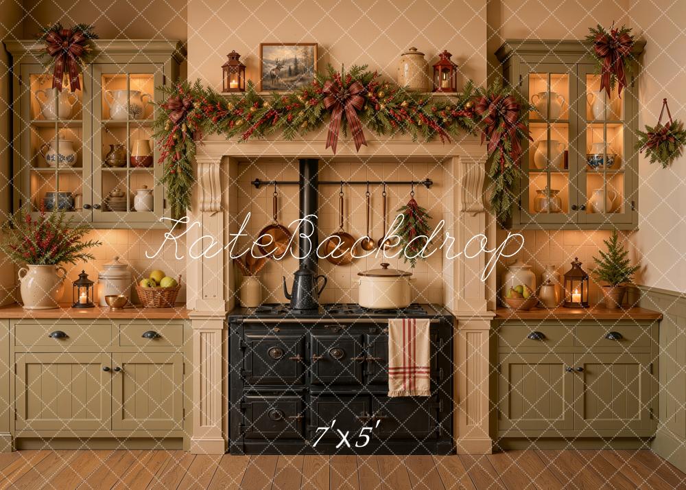 Kate Christmas Rustic Green Kitchen Stove Garland Printed Backdrop Designed by Ashley Ward