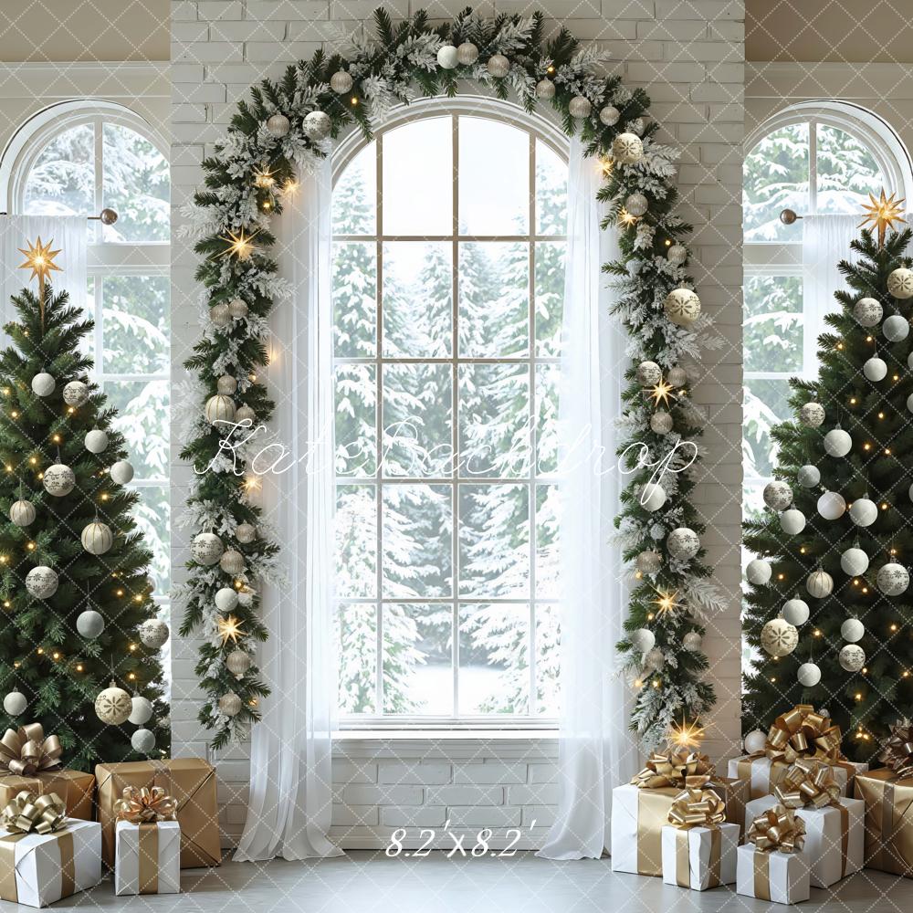 Kate Christmas Tree Arch Garland White Window Gifts Snowy Backdrop Designed by Mini MakeBelieve