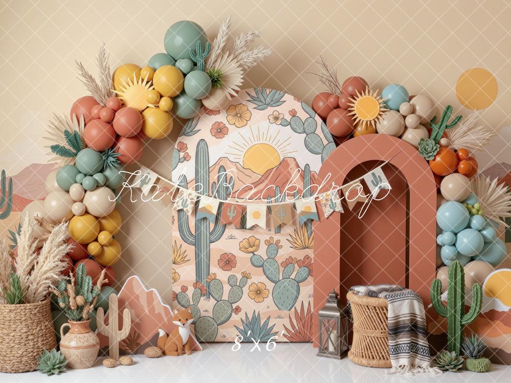 Kate Cake Smash Boho Desert Cactus Sun Balloons Printed Backdrop Designed by Mini MakeBelieve