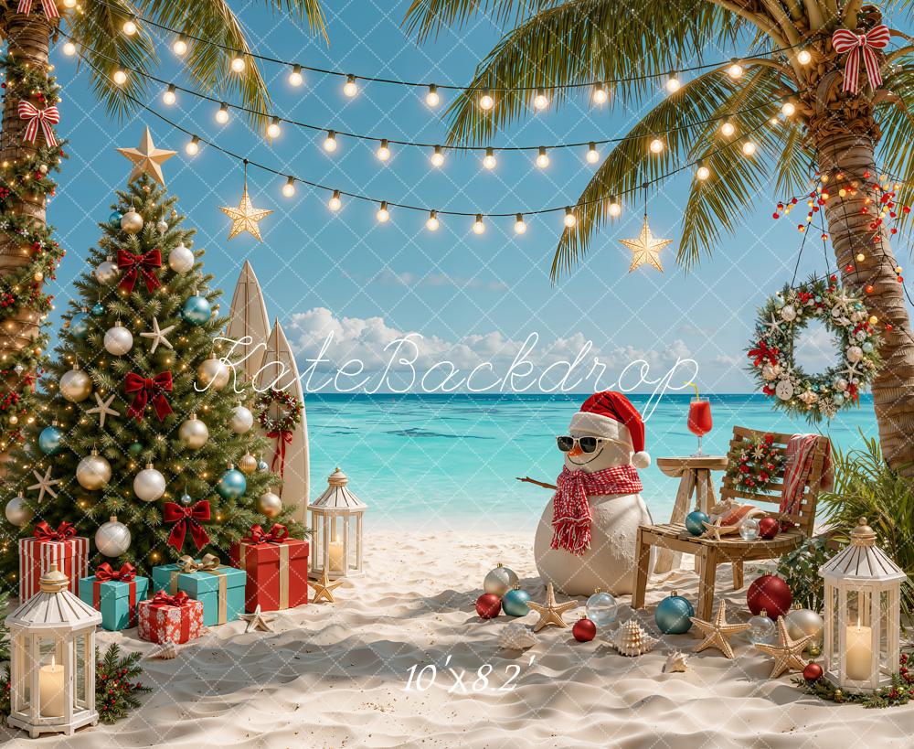 Kate Christmas Tropical Beach Snowman Tree Printed Backdrop Designed by Emetselch