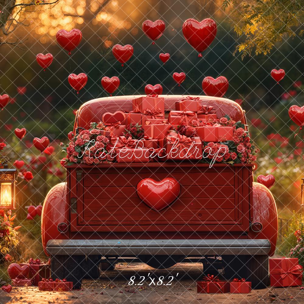 Kate Valentine's Day Red Truck Hearts Balloons Roses Gift Boxes Backdrop Designed by Emetselch