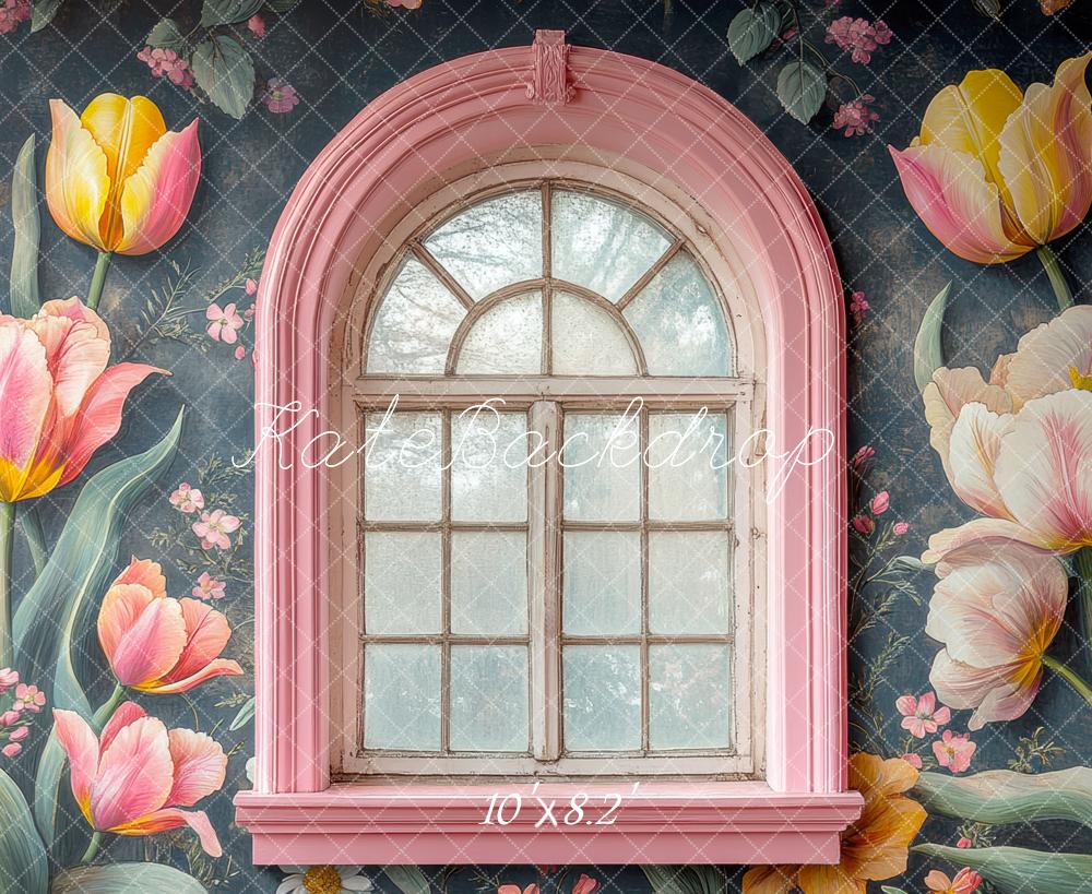 Fondo de pared de flores tulipanes rosa en arco diseñado por Mini MakeBelieve
