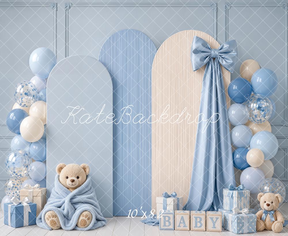 Kate Cake Smash Blue Teddy Bear Balloon Arch Bow Printed Backdrop Designed by Emetselch
