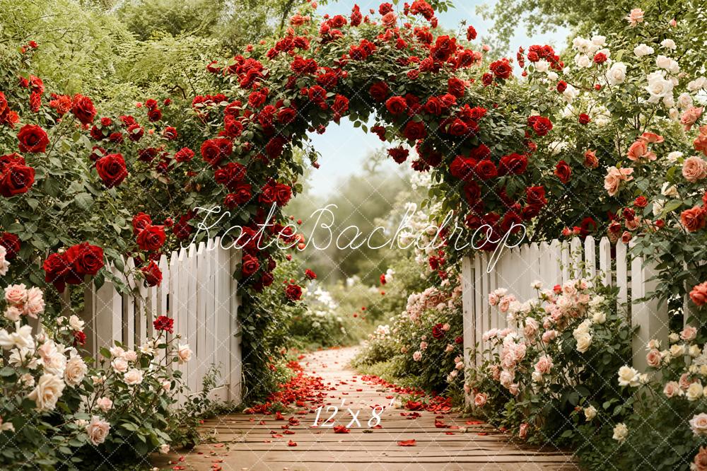 Kate Spring Flower Arch Red Rose White Fence Garden Path Backdrop Designed by Emetselch