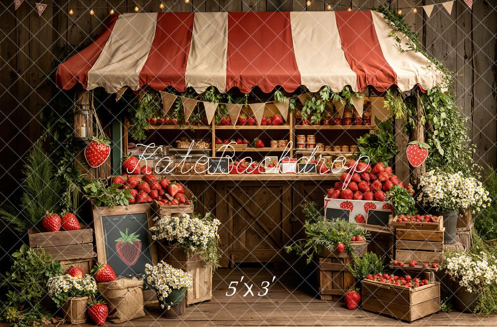 Kate Summer Strawberry Market Stand with Flowers and Crates Backdrop Designed by Emetselch