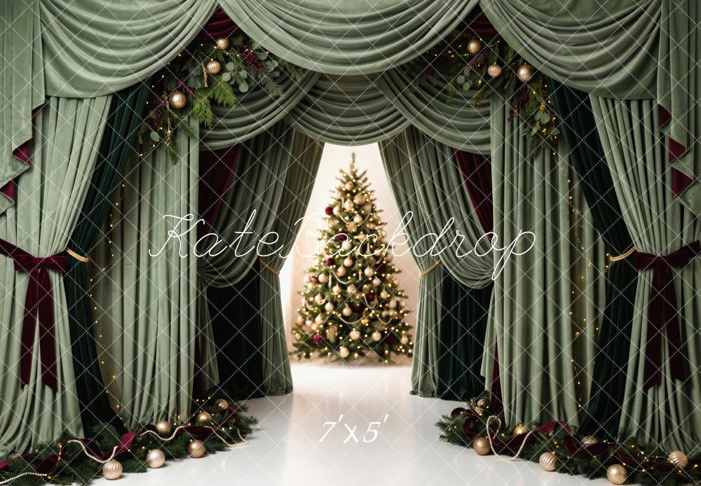 Kate Christmas Green Curtains Drapery Christmas Tree Printed Backdrop Designed by Patty Roberts