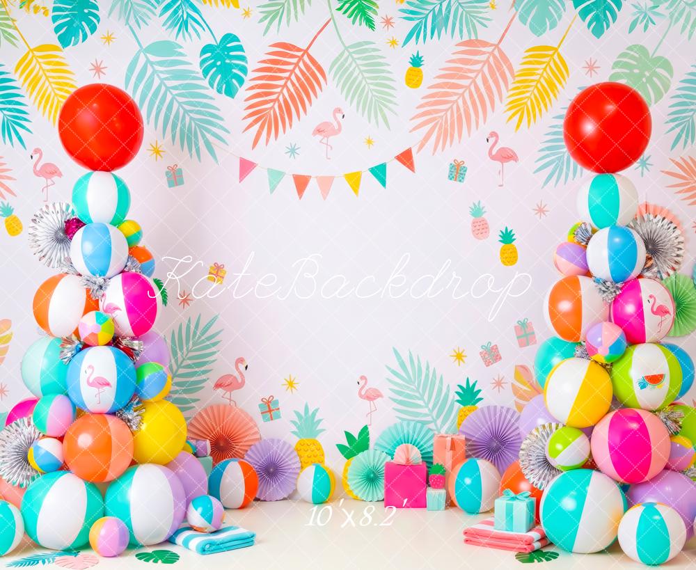 Kate Christmas Summer Beach Ball Tree Tropical Flamingo Printed Backdrop Designed by Patty Roberts