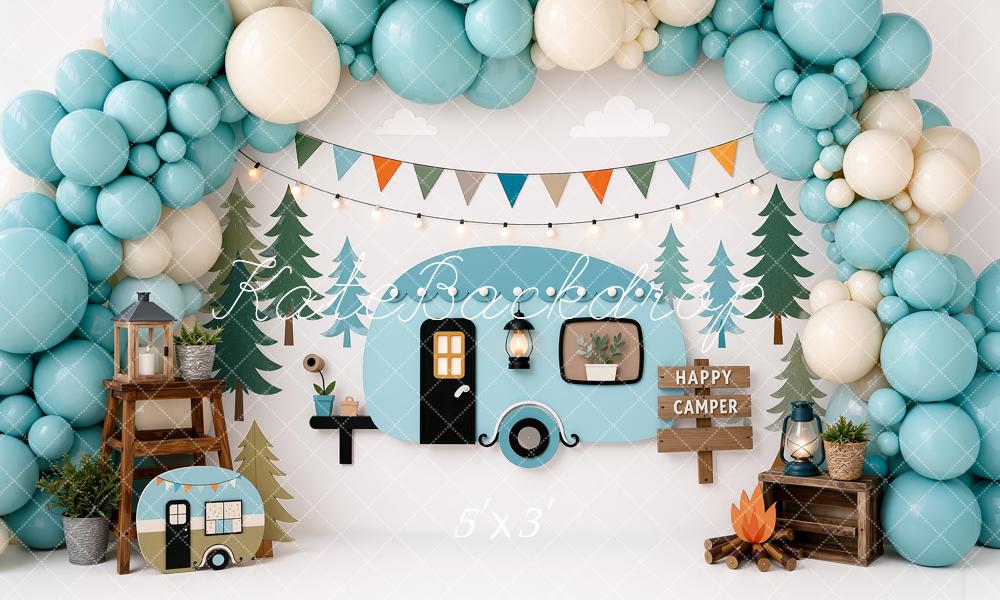Kate Cake Smash Teal Camper Forest Balloon Arch Bunting Printed Backdrop Designed by Ashley Ward