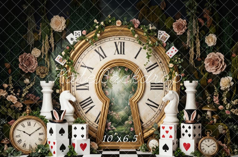 Kate Alice Garden Clock Room Wonderland Chessboard Playing Cards Printed Backdrop Designed by Patty Roberts