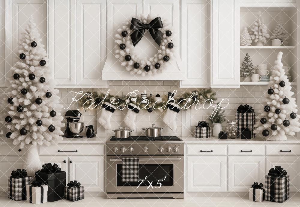 Kate Christmas Kitchen White Black Plaid Ornaments Trees Gifts Backdrop Designed by Ashley Paul