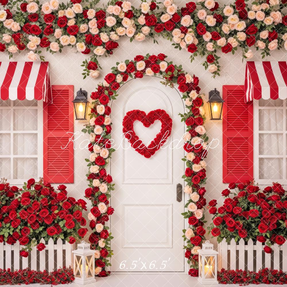 Kate Valentine's Day Red Roses Heart Door House Printed Backdrop Designed by Patty Roberts