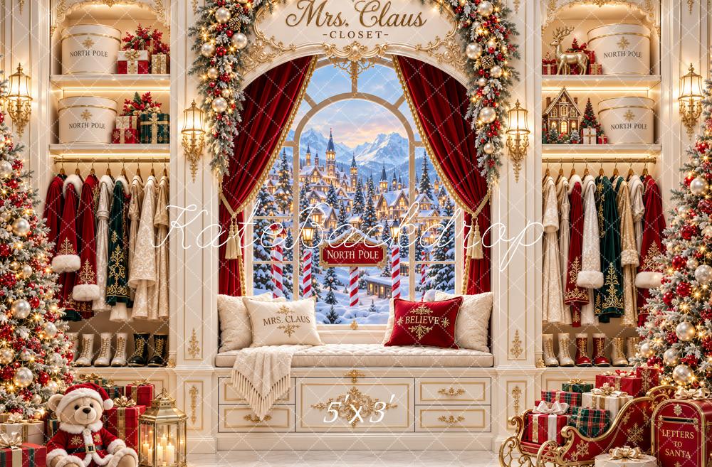 Kate Christmas Mrs. Claus Closet North Pole Window Teddy Bear Printed Backdrop Designed by Ashley Paul