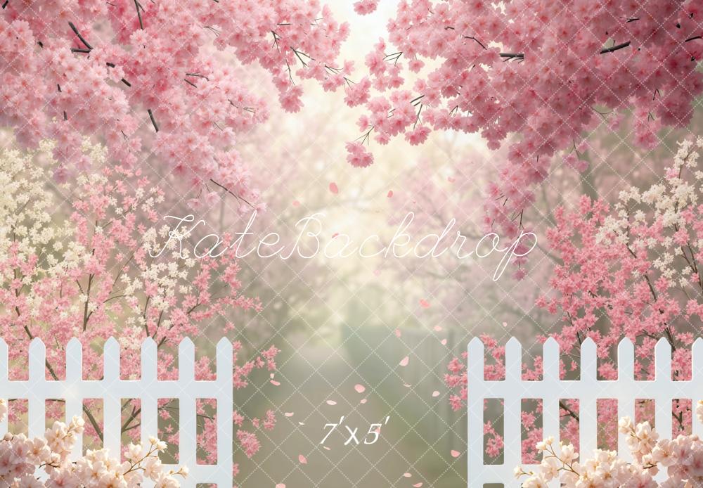 Kate Pink Cherry Blossoms White Fence Garden Backdrop Designed by Mini MakeBelieve