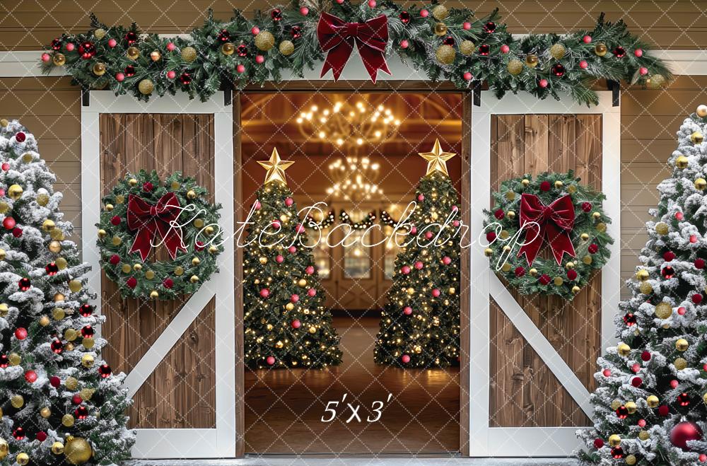 Kate Christmas Tree White Trim Barn Door Bow Backdrop Designed by Mini MakeBelieve