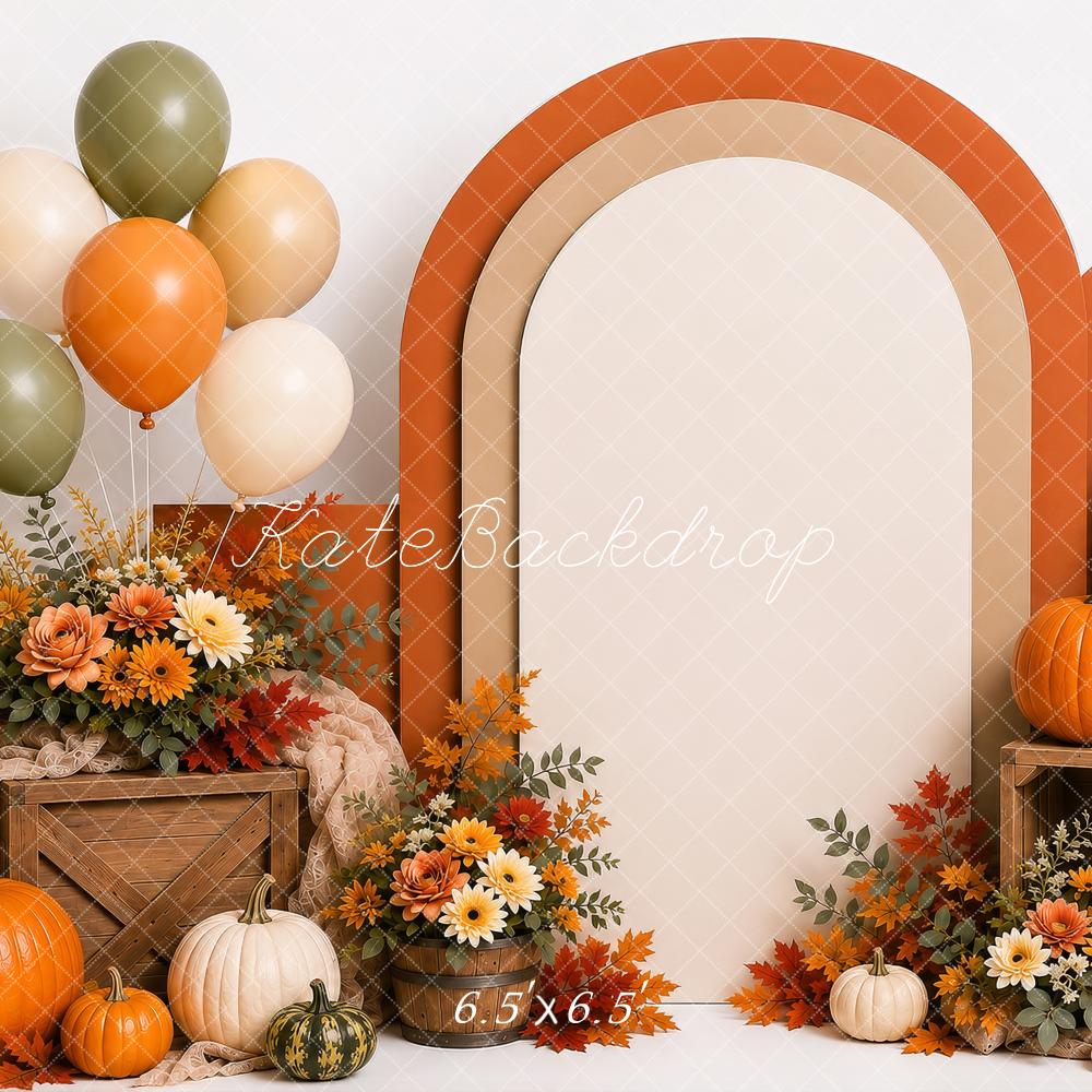 Kate Fall Cake Smash Pumpkins Floral Arch Balloons Printed Backdrop Designed by Shutter Swan Studios